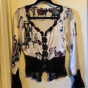 Cream satin zip front top with lace detail